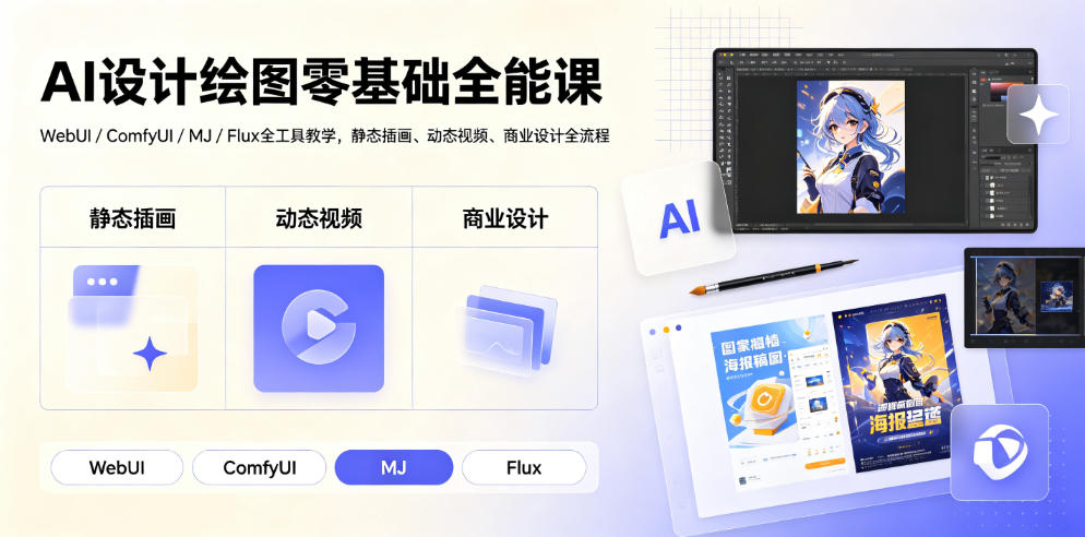 AI设计绘图零基础全能课｜WebUI/ComfyUI/MJ/Flux全工具教学，静态插画、动态视频、商业设计全流程 - 觅资源