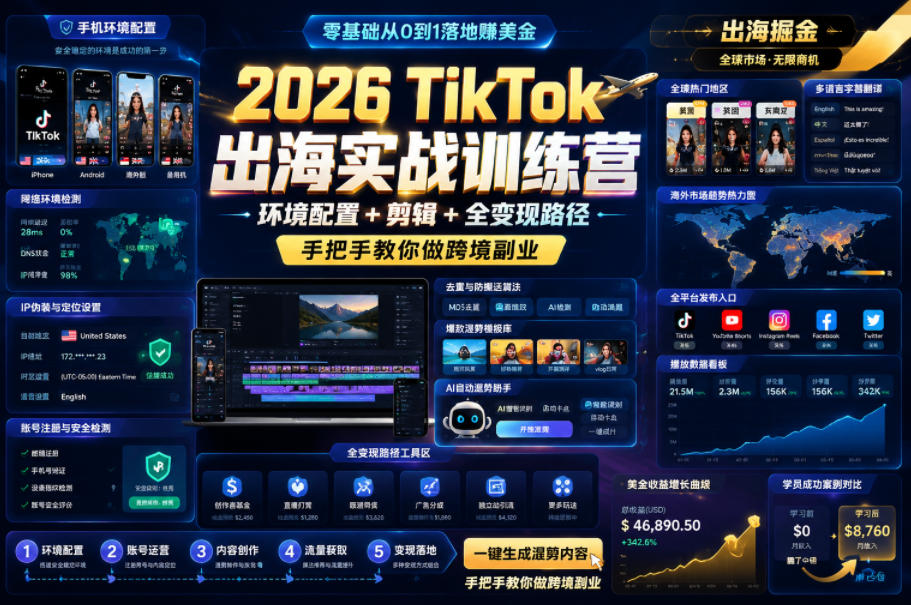 2026 TikTok出海实战训练营，环境配置 + 剪辑 + 全变现路径，手把手教你做跨境副业 - 觅资源