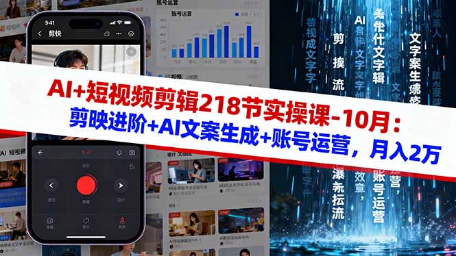 AI+短视频剪辑218节实操课-10月：剪映进阶+AI文案生成+账号运营，月入2万|YX网创