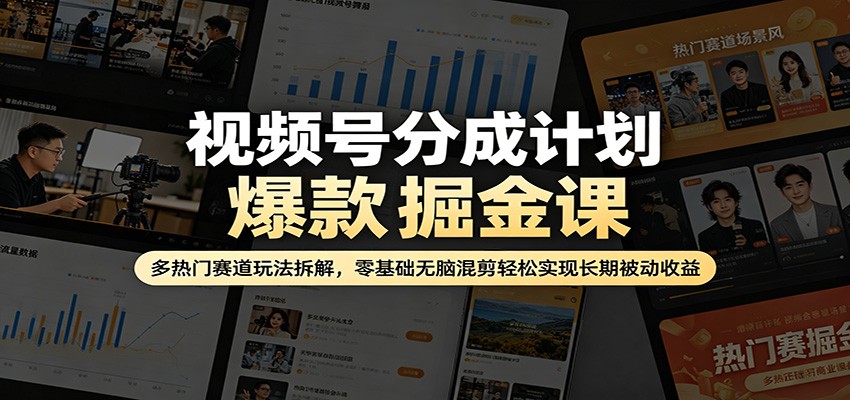 视频号分成计划爆款掘金课：多热门赛道玩法拆解，零基础无脑混剪轻松实现长期被动收益 - 觅资源