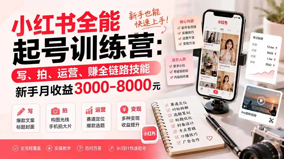 小红书全能起号训练营-更新：写、拍、运营、赚全链路技能，新手月收益3000-8000元