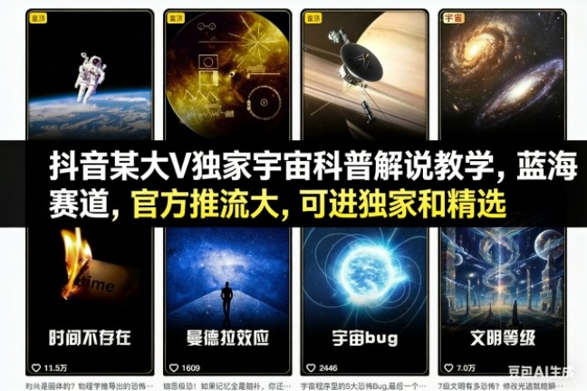 抖音某大V独家宇宙科普解说教学，蓝海赛道，官方推流大，可进独家和精选|YX网创
