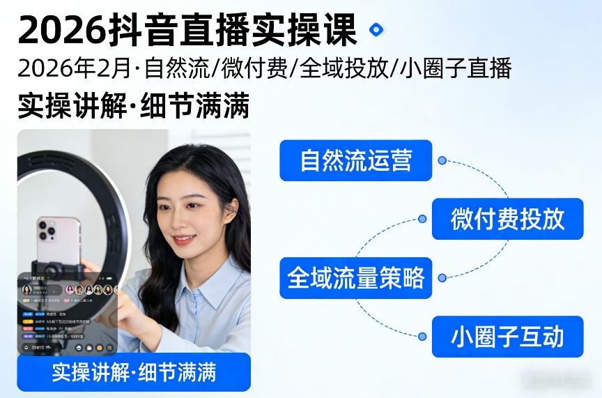 2026抖音直播实操课2026年2月，自然流、微付费、全域投放、小圈子直播，实操讲解，细节满满|中创学习社