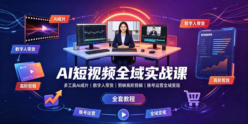 AI短视频全域实战课｜多工具AI成片、数字人带货、剪映高阶剪辑、账号运营全域变现全套教程 - 觅资源