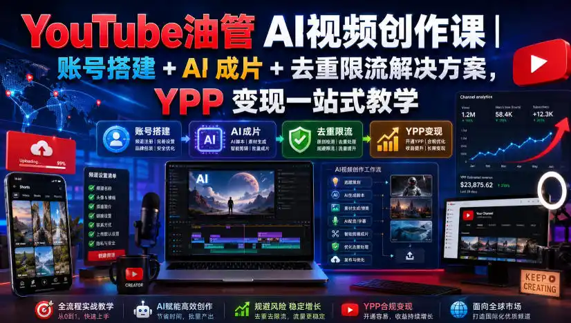 YouTube油管AI视频创作课|账号搭建+AI成片+去重限流解决方案,YPP变现一站式教学(更新0817)