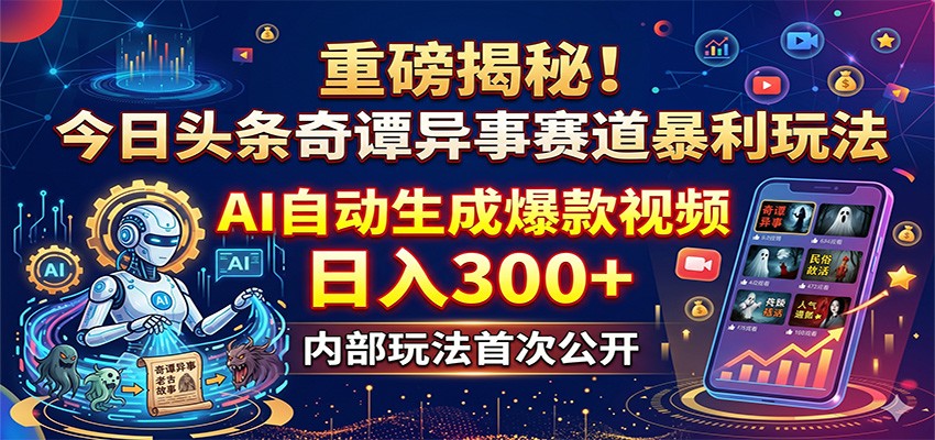 重磅揭秘！今日头条奇谭异事赛道暴利玩法：AI自动生成爆款视频，日入300+ - 觅资源