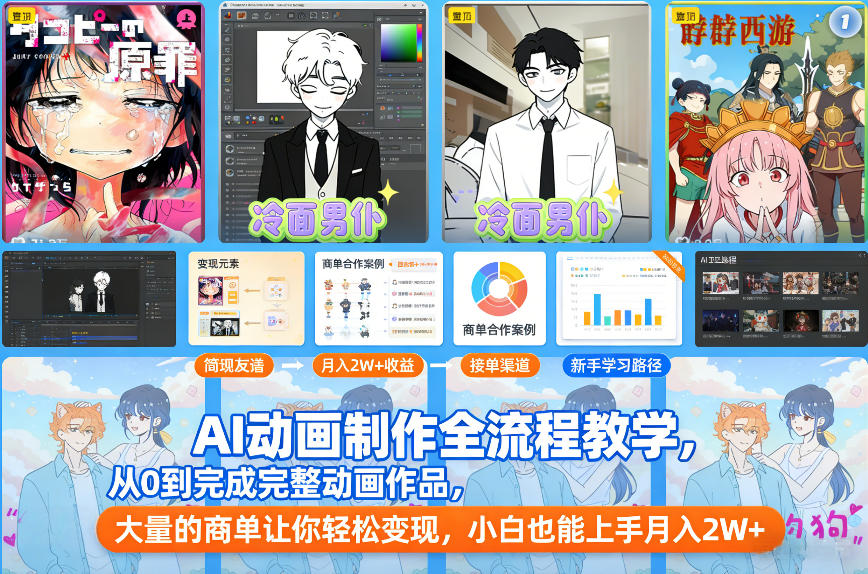 AI动画制作全流程教学，从0到完成完整动画作品，大量的商单让你轻松变现，小白也能上手月入2W+|YX网创