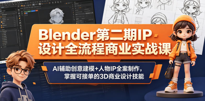 Blender第二期IP设计全流程商业实战课，AI辅助创意建模+人物IP全案制作，掌握可接单的3D商业设计技能 - 觅资源