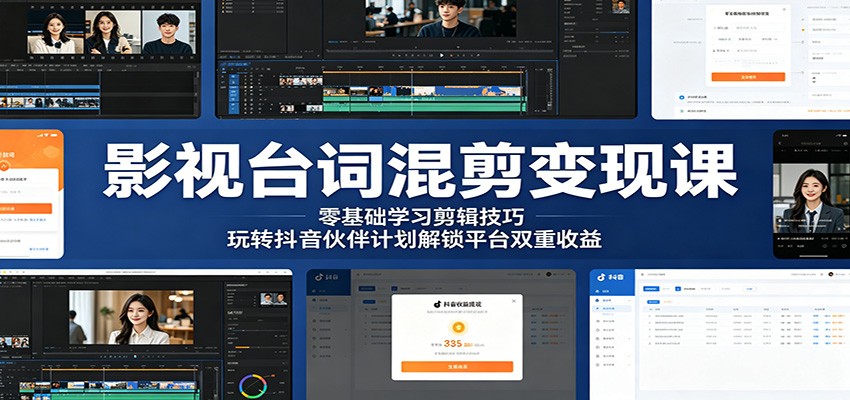 影视台词混剪变现课：零基础学习剪辑技巧，玩转抖音伙伴计划解锁平台双重收益 - 觅资源