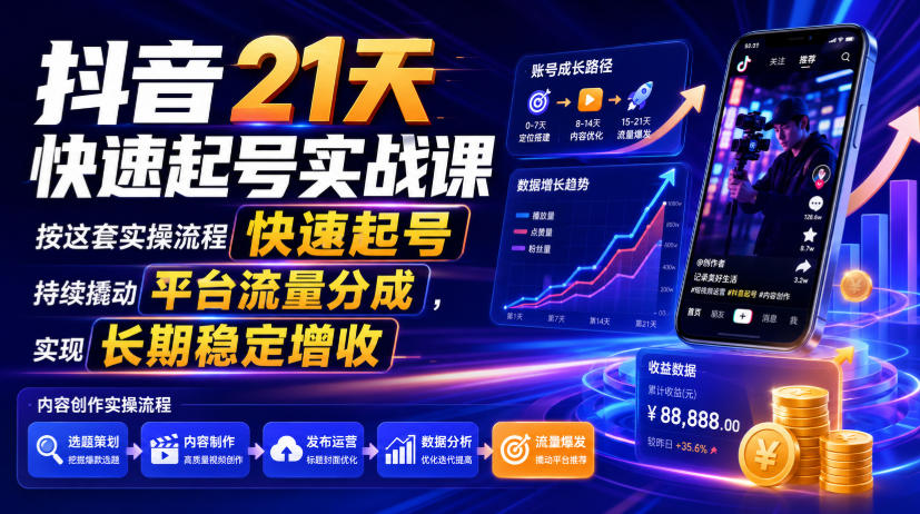 抖音21天快速起号实战课，按这套实操流程快速起号，持续撬动平台流量分成，实现长期稳定增收 - 觅资源