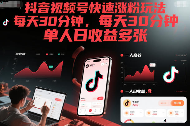抖音视频号快速涨粉玩法，每天30分钟，单人日收益多张|YX网创