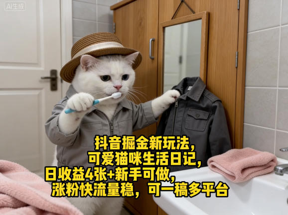 抖音掘金新玩法，可爱猫咪生活日记，日收益4张+新手可做，涨粉快流量稳，可一稿多平台 - 觅资源