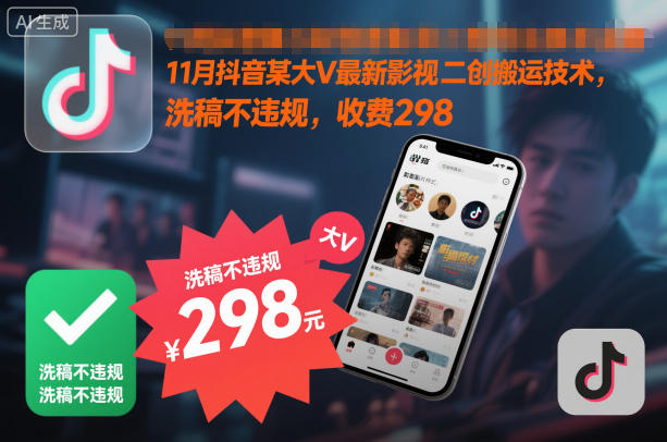 11月抖音某大V最新影视二创搬运技术，洗稿不违规，收费298|YX网创