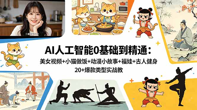 AI人工智能0基础到精通：美女视频+小猫做饭+动漫小故事+福娃+古人健身，20+爆款类型实战教学 - 觅资源
