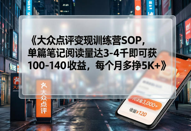 大众点评变现训练营SOP，单篇笔记阅读量达3-4千即可获100-140收益，每个月多挣5K+ - 觅资源