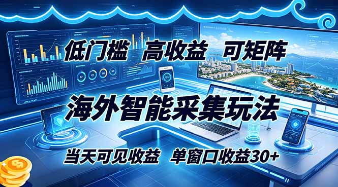 海外智能采集玩法，低门槛高单价可矩阵，当天可见收益，单窗口30+ - 觅资源