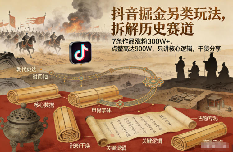 抖音掘金另类玩法，拆解历史赛道，7条作品涨粉300W+，点赞量高达900W，只讲核心逻辑，干货分享|YX网创