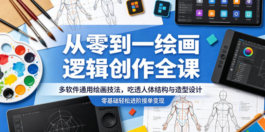 从零到一绘画逻辑创作全课，多软件通用绘画技法，吃透人体结构与造型设计，零基础轻松进阶接单变现 - 觅资源
