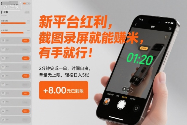 新平台红利，截图录屏就能賺米，有手就行！2分钟完成一单，时间自由，单量无上限，轻松日入5张【揭秘】|YX网创
