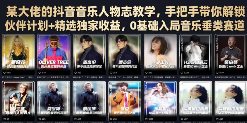 某大佬的抖音音乐人物志教学，手把手带你解锁伙伴计划+精选独家收益，0基础入局音乐垂类赛道 - 觅资源