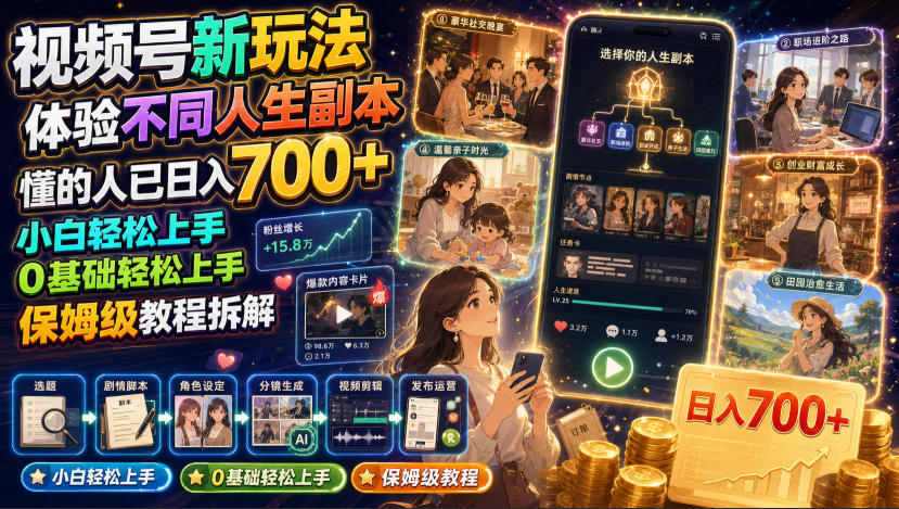 视频号新玩法体验不同人生副本，懂的人已日入700+，小白轻松上手，0基础轻松上手，保姆级教程拆解 - 觅资源