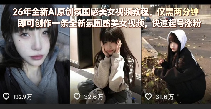26年全新AI原创氛围感美女视频教程，仅需两分钟即可创作一条全新氛围感美女视频，快速起号涨粉 - 觅资源