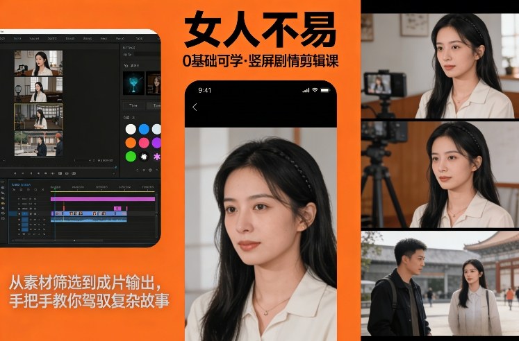 0基础可学！《女人不易》竖屏剧情剪辑课，从素材筛选到成片输出，手把手教你驾驭复杂故事|中创学习社