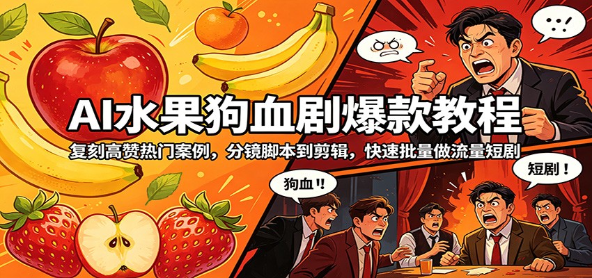 AI水果狗血剧爆款教程：复刻高赞热门案例，分镜脚本到剪辑，快速批量做流量短剧 - 觅资源