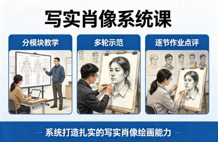 写实肖像系统课，全程分模块教学+多轮示范+逐节作业点评，系统打造扎实的写实肖像绘画能力 - 觅资源