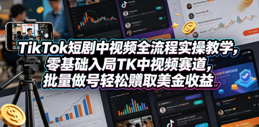 TikTok短剧中视频全流程实操教学，零基础入局TK中视频赛道，批量做号轻松賺取美金收益 - 觅资源