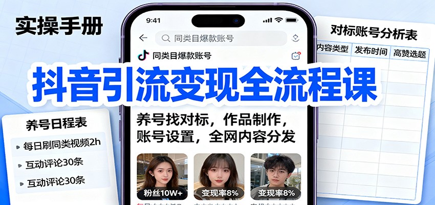 抖音引流变现全流程课：养号找对标，作品制作，账号设置，全网内容分发|YX网创