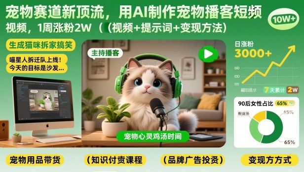 宠物赛道新顶流，用AI制作宠物播客短视频，1周涨粉2W(视频+提示词+变现方法)|YX网创