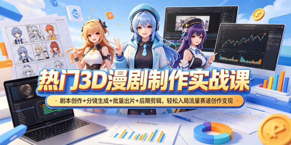 热门3D漫剧制作实战课，剧本创作+分镜生成+批量出片+后期剪辑，轻松入局流量赛道创作变现 - 觅资源