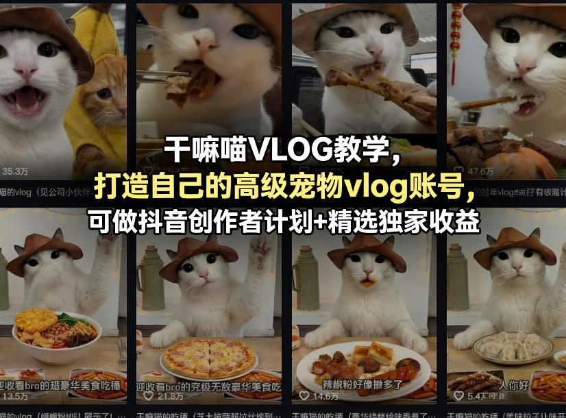 干嘛喵VLOG教学，打造自己的高级宠物vlog账号，可做抖音创作者计划+精选独家收益 - 觅资源