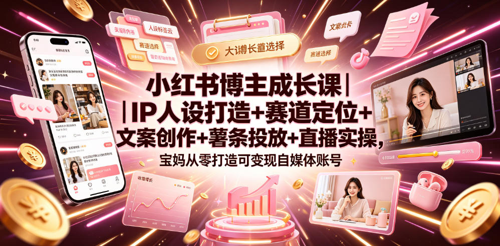 小红书博主成长课｜IP人设打造+赛道定位+文案创作+薯条投放+直播实操，宝妈从零打造可变现自媒体账号 - 觅资源