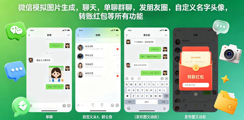 微信模拟图片生成，聊天，单聊群聊，发朋友圈，自定义名字头像，转账红包等所有功能都可以生成 - 觅资源
