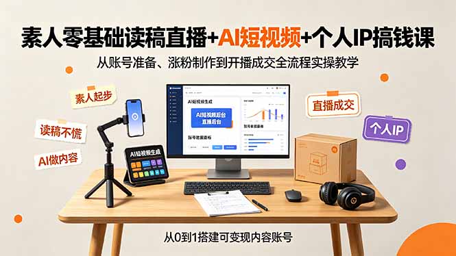 素人零基础读稿直播+AI短视频+个人IP搞钱课，从账号准备、涨粉制作到开播成交全流程实操教学 - 觅资源