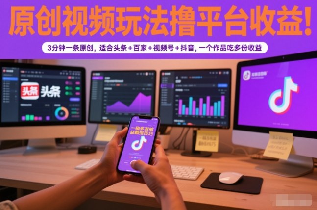 原创视频玩法撸平台收益，3分钟一条原创，适合头条+百家+视频号+抖音，一个作品吃多份收益|YX网创