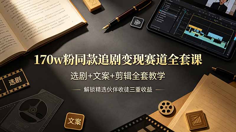 170w粉博主同款追剧变现赛道全套课，选剧+文案+剪辑全套教学，解锁精选伙伴收徒三重收益 - 觅资源