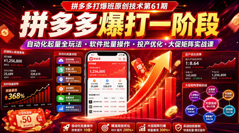 拼多多打爆班原创技术第61期，拼多多爆打一阶段，自动化起量全玩法・软件批量操作・投产优化・大促矩阵实战课 - 觅资源