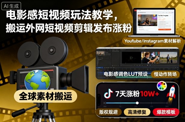 电影感短视频玩法教学，搬运外网短视频剪辑发布涨粉|YX网创