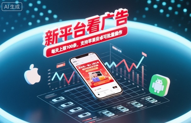 新平台看广告，养好机一条0.3到5米，每天上限100条，支持苹果安卓可批量操作|YX网创