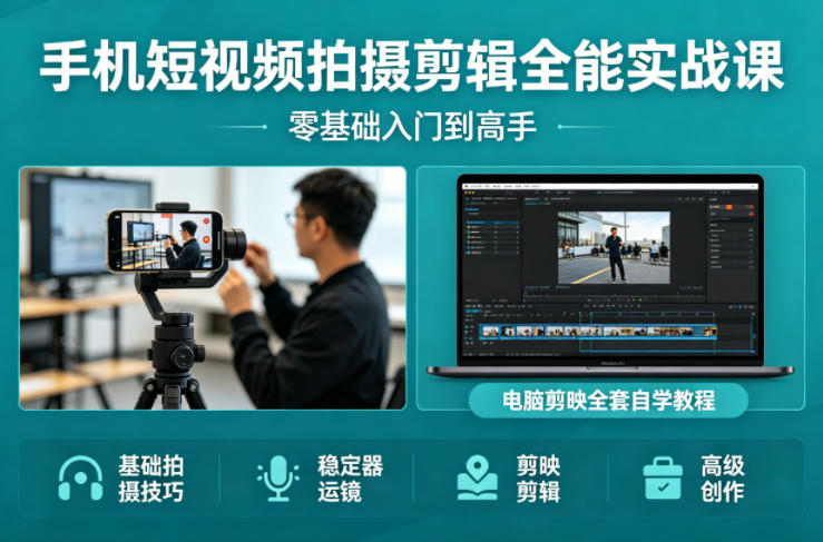 手机短视频拍摄剪辑全能实战课：零基础入门到高手，稳定器运镜+电脑剪映全套自学教程 - 觅资源