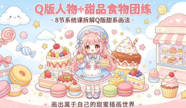 Q版人物+甜品食物团练，8节系统课拆解Q版甜系画法，画出属于自己的甜蜜插画世界 - 觅资源