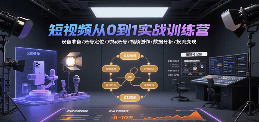 短视频从0到1实战训练营：设备准备/账号定位/对标账号/视频创作/数据分析/投流变现|YX网创