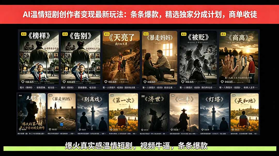 AI温情短剧创作者变现最新玩法：视频牛逼，条条爆款，精选独家分成计划，商单收徒 - 觅资源
