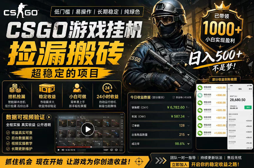 CSGO游戏搬砖，全自动挂G，不需要玩游戏，手机操作日入300+，解放双手【揭秘】 - 觅资源
