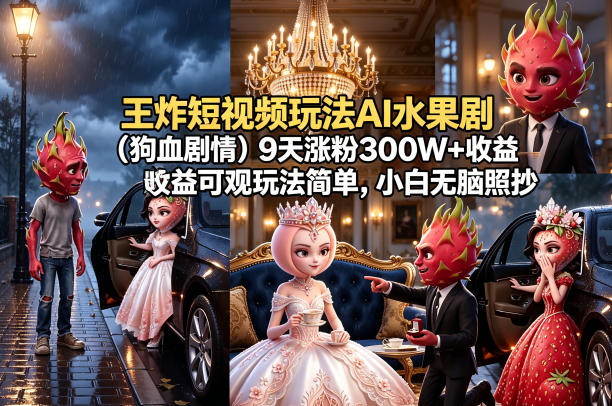 王炸短视频玩法AI水果剧(狗血剧情)9天涨粉300W+收益可观玩法简单，小白无脑照抄，详细拆解玩法 - 觅资源