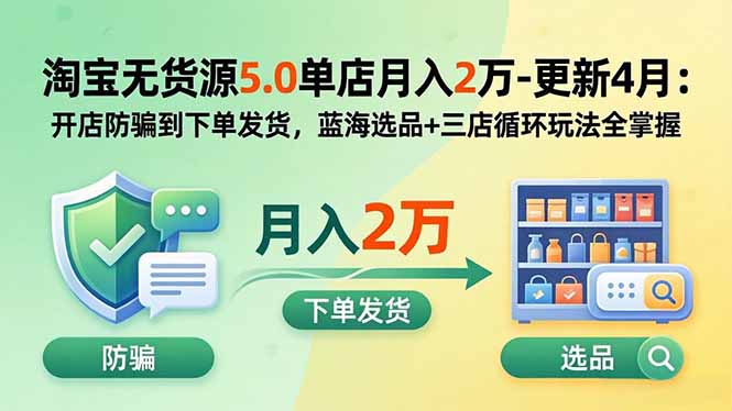 淘宝无货源5.0单店月入2万-更新5月：开店防骗到下单发货，蓝海选品+三店循环玩法全掌握 - 觅资源