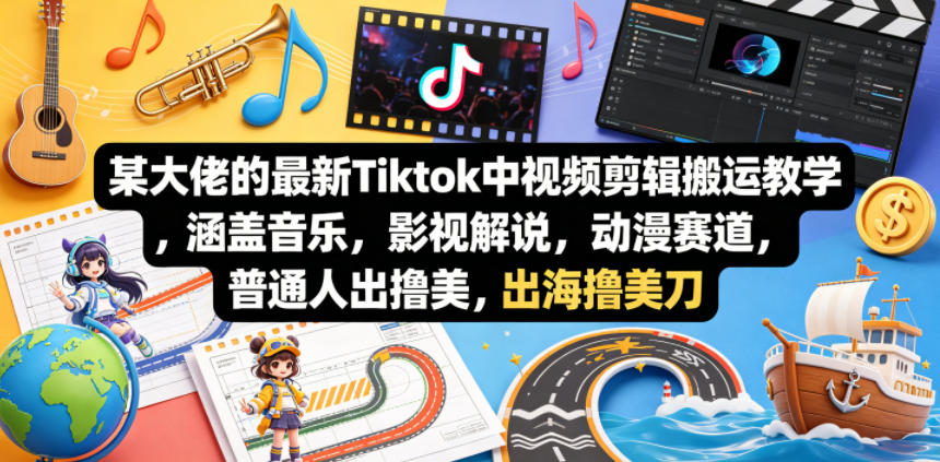 某大佬的最新Tiktok中视频剪辑搬运教学，涵盖音乐，影视解说，动漫赛道，普通人出海撸美刀 - 觅资源